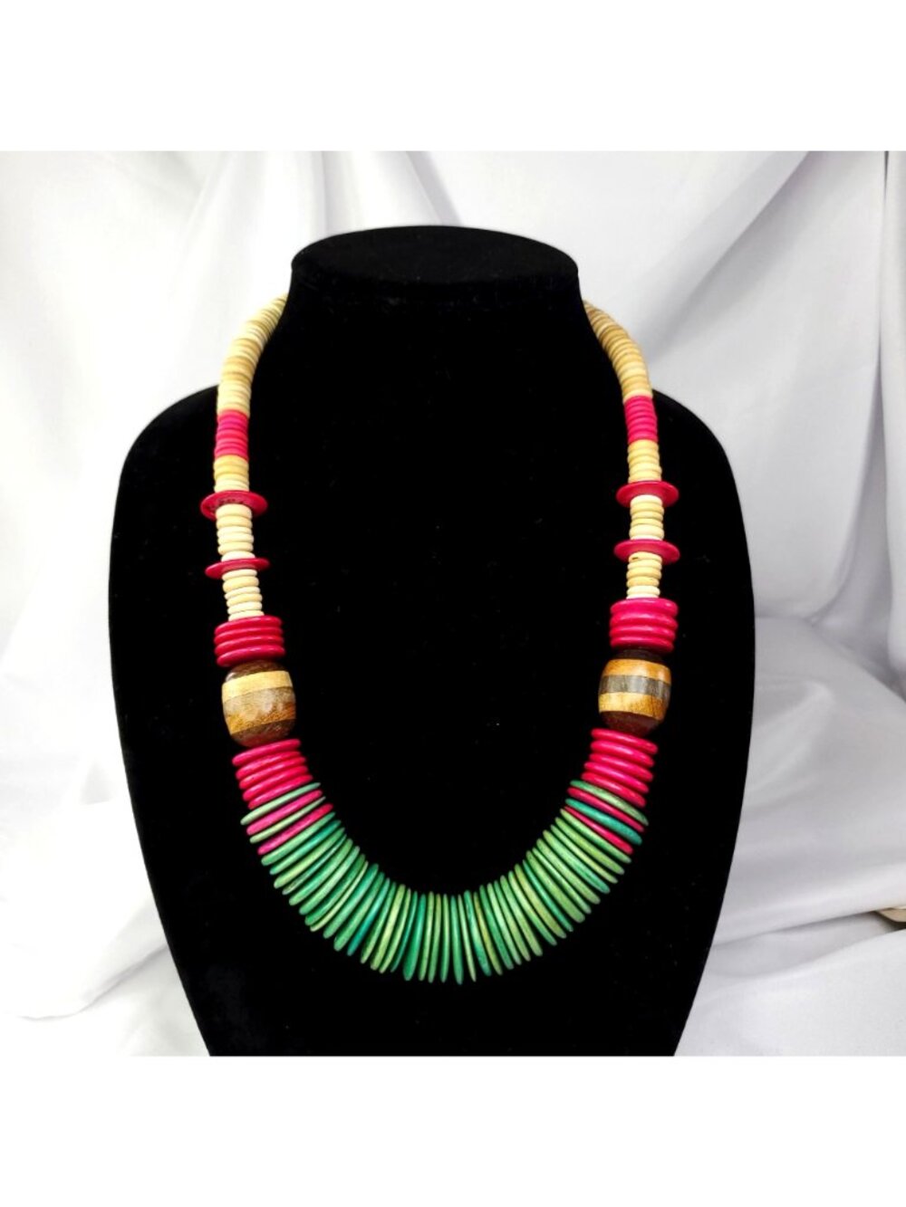VTG Chunky Wooden Necklace Multicolor Disk Beads Boho Hippie jewelry Green Pink - Picture 2 of 10
